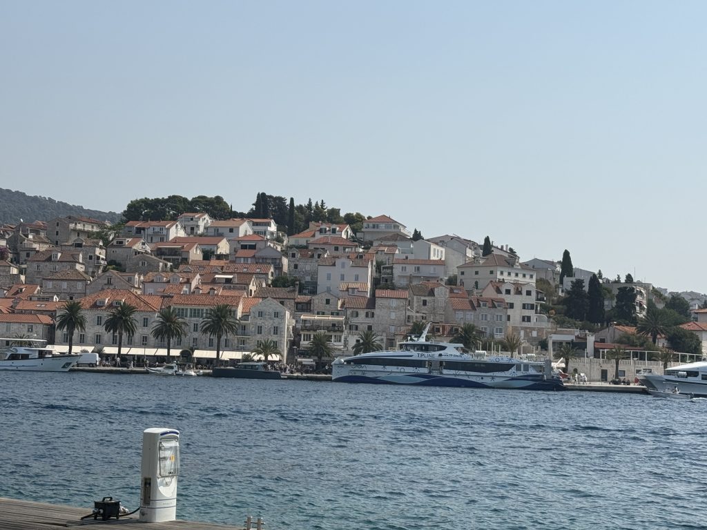 Hvar Town's harbor with a TP Line catamaran docked below red-roofed stone houses climbing the hillside