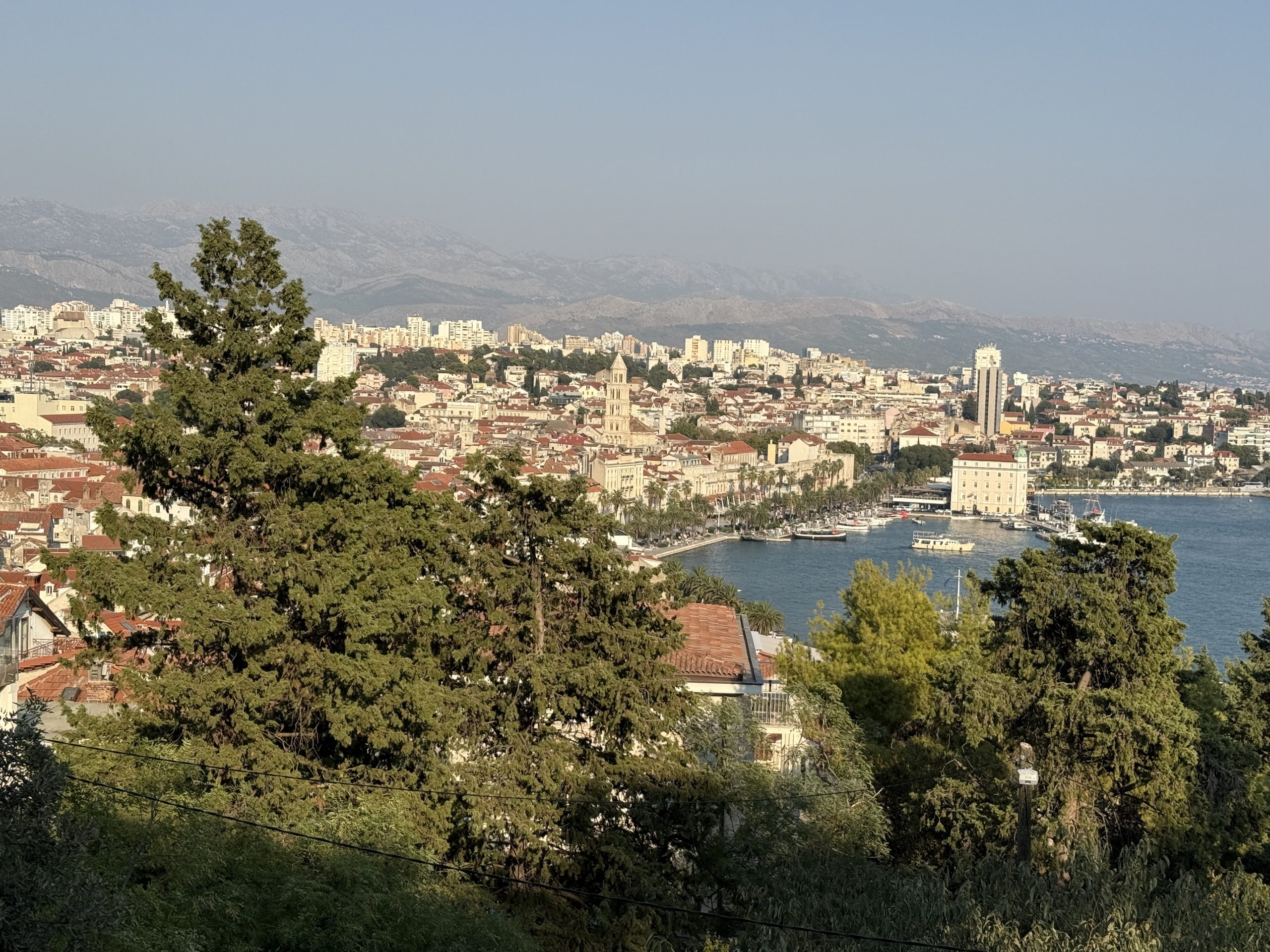 View from Marjan Hill over Split Old Town, the St. Domnius bell tower and the palm-lined Riva harbor, 2 days in Split itinerary