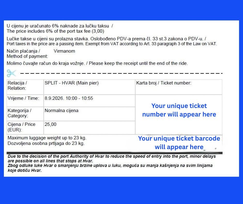 Split to Hvar ferry ticket from Krilo showing a โฌ25 fare, 10:00 departure, and 23 kg luggage limit