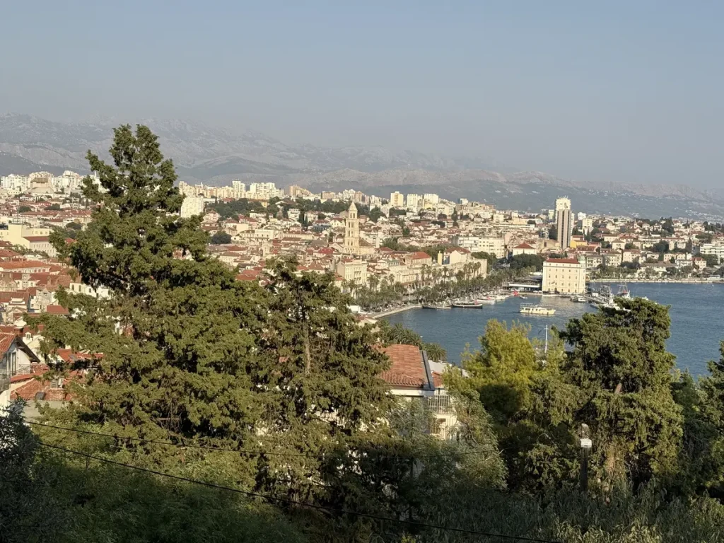 View over Split's Old Town, the Riva, and the harbor from Marjan Hill in the late afternoon