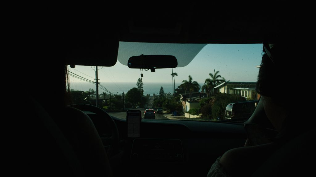 View from a car on a coastal road, showing lush greenery and ocean horizon.
