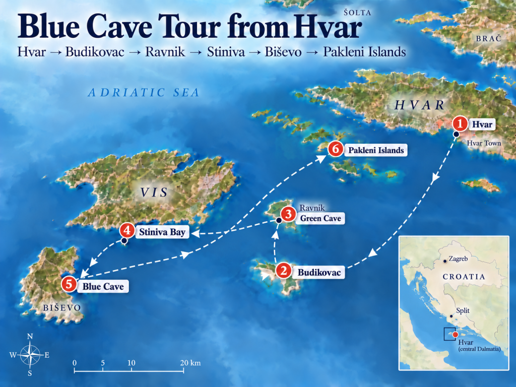 MAP: route Hvar → Budikovac → Ravnik → Stiniva → Biševo → Pakleni Islands | alt: Map of the Blue Cave tour from Hvar route, Croatia