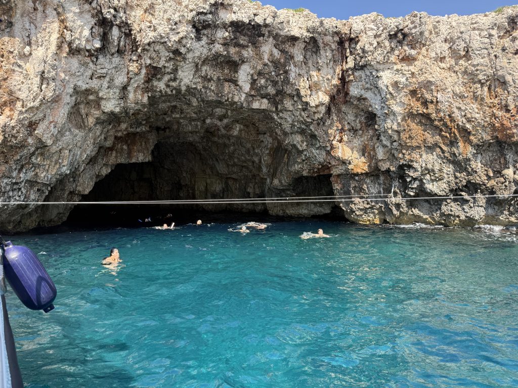 The opening of the green cave from our boat on a Blue Cave Tour from Hvar, Croatia
