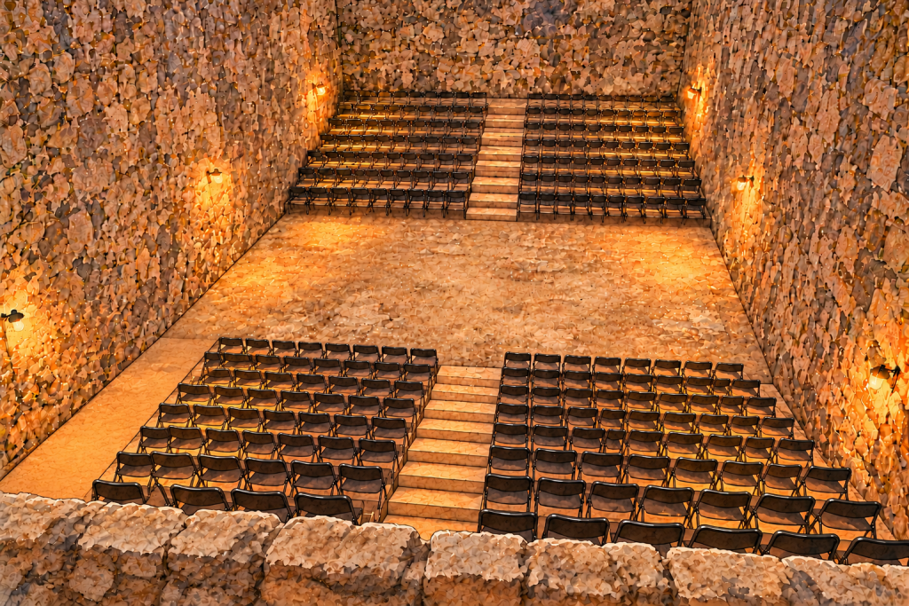 Illustrated rendering of the stone-walled courtyard venue where the Moreška sword dance is performed in Korčula, viewed from above while empty. Rows of black folding chairs sit on tiered stone steps at both ends, split by central staircases, facing an open stone floor that serves as the stage. Wall lamps cast a warm orange glow over the stonework