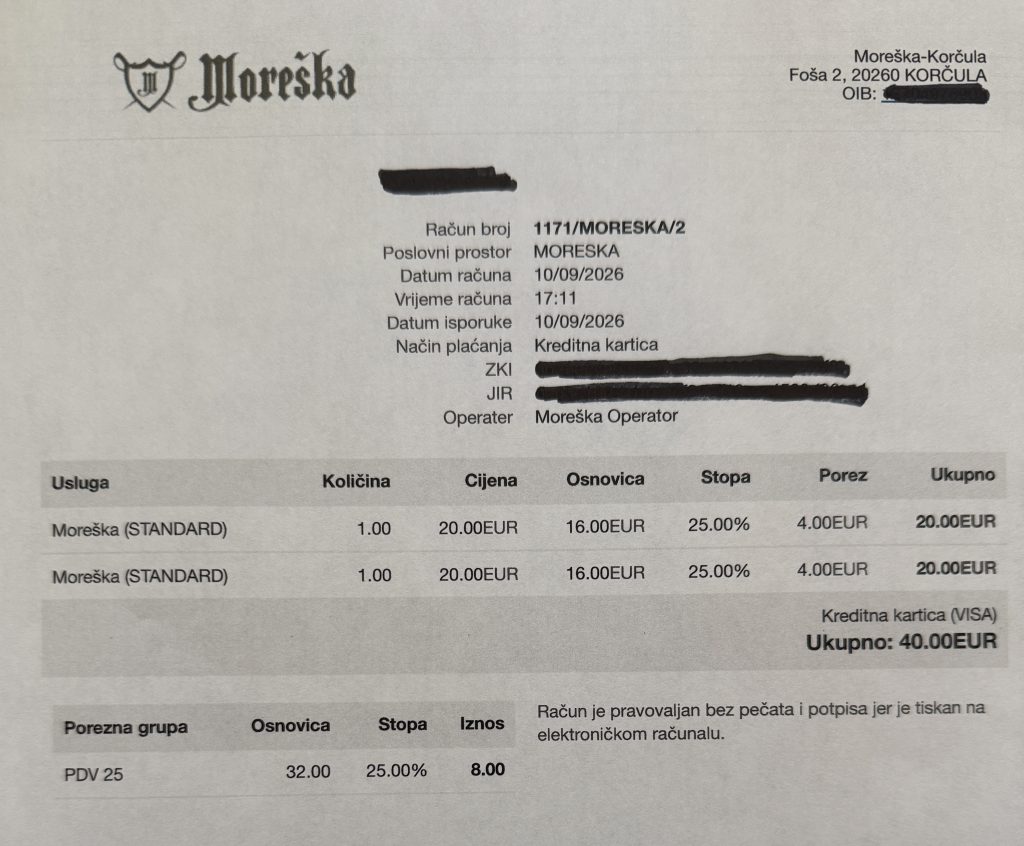 Printed receipt from Moreška-Korčula for two standard tickets to the Moreška sword dance in Korčula, Croatia, dated September 10, 2026. Each ticket cost 20 euros, including 25% VAT, for a total of 40 euros paid by Visa. Personal and transaction details are blacked out
