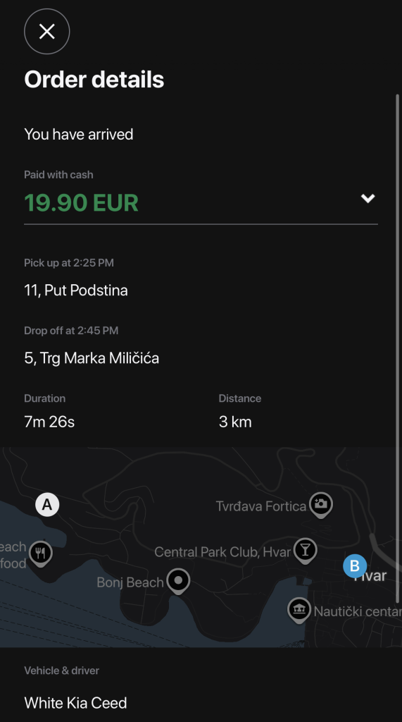 Screenshot of a ride-hailing receipt for a 3 km, 7-minute trip from Hotel Podstine (Put Podstina 11) to Hvar Town (Trg Marka Miličića 5), paid in cash for 19.90 EUR, with a map of the route along the coast.